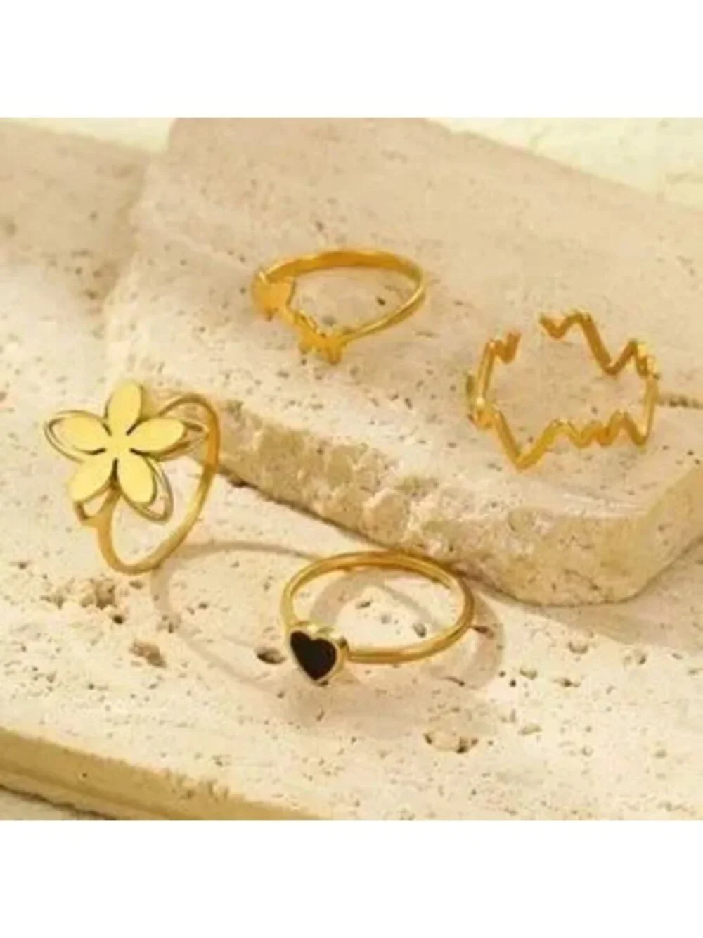 Gold Stainless Steel 4pc Flower Heart Ring Set